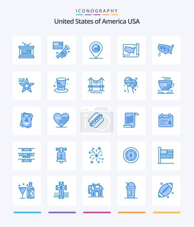 Ilustración de Creative EE.UU. 25 Azul icono paquete Tal como americano. usa. Americano. Unidos. mapa - Imagen libre de derechos