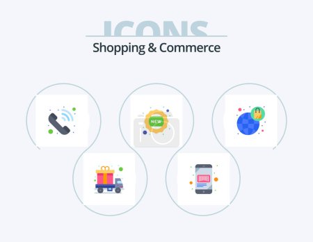 Téléchargez les illustrations : Shopping et commerce Flat Icon Pack 5 Icône Design. le commerce électronique. nouveau. scanner. badge. appel téléphonique - en licence libre de droit