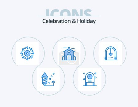 Ilustración de Celebración y vacaciones Blue Icon Pack 5 Icon Design. Boda. evento. celebración. iglesia. fiesta - Imagen libre de derechos