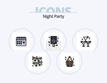 Téléchargez les illustrations : Night Party Line Filled Icon Pack 5 Icon Design. party. celebration. party. ticket. lights - en licence libre de droit