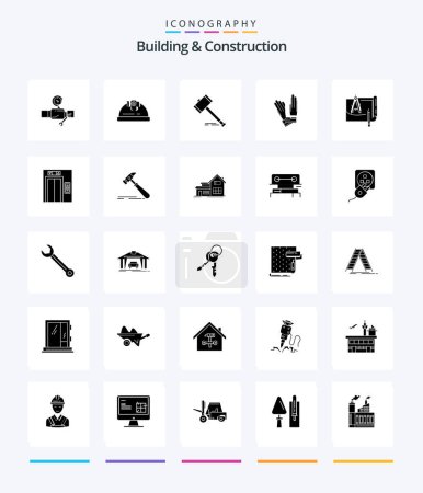 Téléchargez les illustrations : Creative Building And Construction 25 Glyph Solid Black icon pack  Such As building. legal. construction. law. gavel - en licence libre de droit