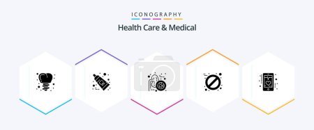 Téléchargez les illustrations : Health Care And Medical 25 Glyph icon pack including mobile. ecg. kidneys. beat. pill - en licence libre de droit