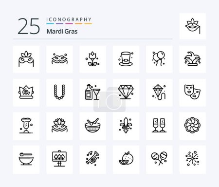 Illustration for Mardi Gras 25 Line icon pack including accesoris. king. wine. crown. ireland - Royalty Free Image