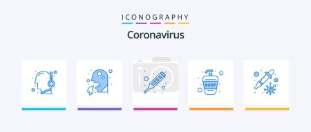 Illustration for Coronavirus Blue 5 Icon Pack Including dropper. moisturizer. fever. liquid soap. temperature. Creative Icons Design - Royalty Free Image