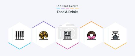 Téléchargez les illustrations : Aliments et boissons Pack d'icônes FilledLine 25 comprenant des aliments. le repas. à boire. la nourriture. beignet - en licence libre de droit