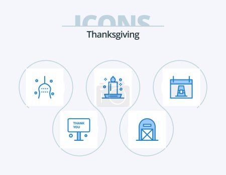 Ilustración de Thanks Giving Blue Icon Pack 5 Icon Design. dinner. candle. pilgrim. turkey. thanksgiving - Imagen libre de derechos