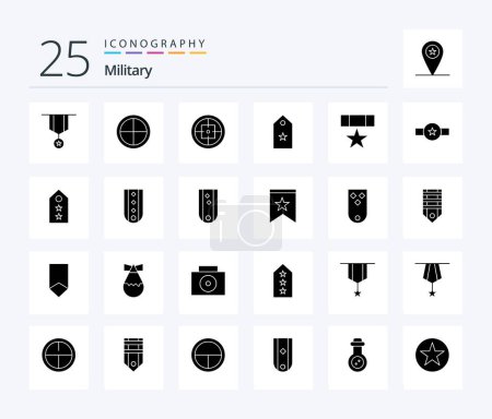 Téléchargez les illustrations : Pack d'icônes militaires 25 Solid Glyph avec médaille. prix. soldat. tag. rang - en licence libre de droit