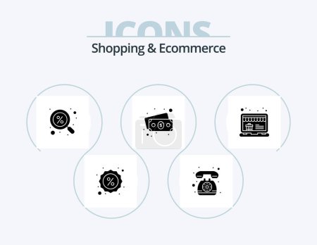 Téléchargez les illustrations : Shopping et commerce électronique Glyph Icon Pack 5 Icon Design. magasin. en ligne. réduction. l'argent. billet de banque - en licence libre de droit