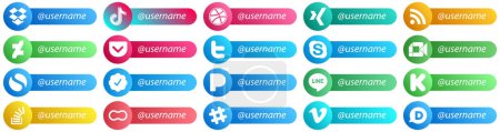 Illustration for 20 Follow Me Social Media Platform Card Style Icons such as video. chat. rss. skype and twitter icons. Eye catching and editable - Royalty Free Image