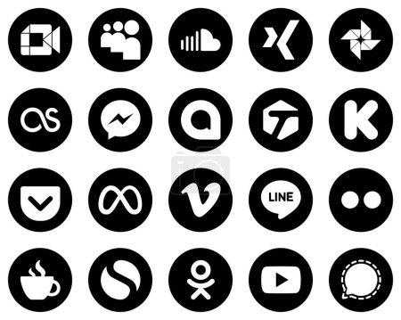 Illustration for 20 Unique White Social Media Icons on Black Background such as pocket. kickstarter. google photo. tagged and fb icons. Elegant and minimalist - Royalty Free Image
