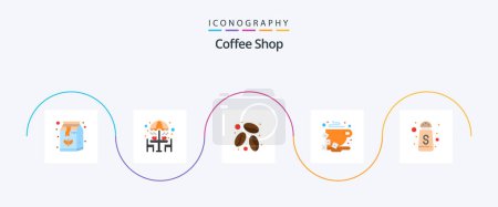 Téléchargez les illustrations : Coffee Shop Pack plat de 5 icônes incluant le sucre. Haricot. Parapluie. tasse. pause - en licence libre de droit