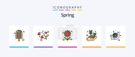 Téléchargez les illustrations : Spring Line Rempli Pack de 5 icônes incluant le ressort. l'été. nuage. champignon. amanita. Icônes créatives Design - en licence libre de droit