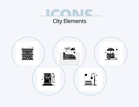 Téléchargez les illustrations : City Elements Glyph Icon Pack 5 Icon Design. stand. food. motel. train. electric - en licence libre de droit