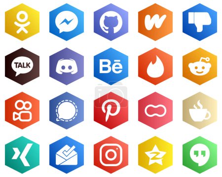 Ilustración de Conjunto de iconos Hexagon Flat Color White como kuaishou. Yesca. facebook. Iconos de behance y texto. 25 iconos profesionales - Imagen libre de derechos