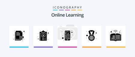 Illustration for Online Learning Glyph 5 Icon Pack Including podcast. book. mobile education. medal. study abroad. Creative Icons Design - Royalty Free Image