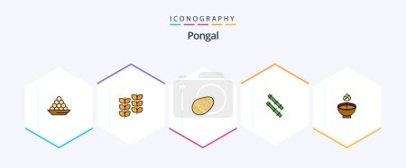 Illustration for Pongal 25 FilledLine icon pack including deepam. stick. leafe. bamboo. food - Royalty Free Image