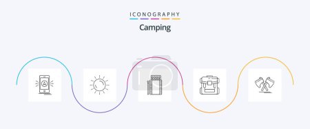 Téléchargez les illustrations : Camping Line 5 Icon Pack Incluant fermeture éclair. Sac. lever de soleil. boîte. feu - en licence libre de droit