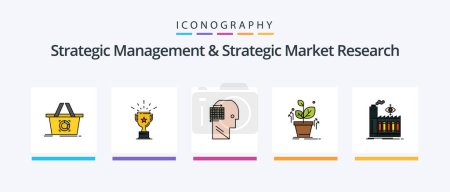 Téléchargez les illustrations : Strategic Management And Strategic Market Research Line Filled 5 Icon Pack Including bulb. goal. compass. shopping. position. Creative Icons Design - en licence libre de droit