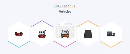 Téléchargez les illustrations : Vehicles 25 FilledLine icon pack including delivery. grid. disabled. creative. bridge - en licence libre de droit