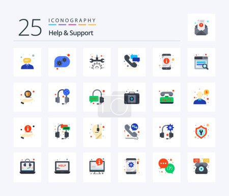 Téléchargez les illustrations : Help And Support 25 Flat Color icon pack including phone. mobile. maintenance. information. support - en licence libre de droit