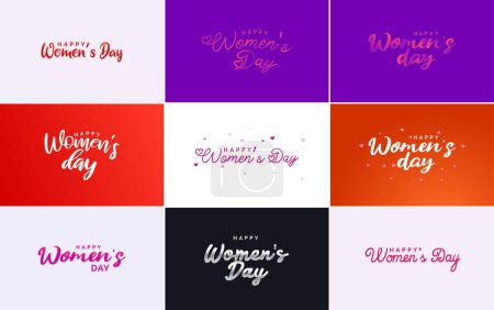 Ilustración de Happy Woman's Day handwritten lettering set March 8th modern calligraphy collection on white background. suitable for greeting or invitation cards. festive tags. and posters - Imagen libre de derechos