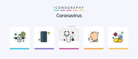 Téléchargez les illustrations : Coronavirus Line Filled Pack de 5 icônes inclus en ligne. nouvelles. pharmacie. navigateur. soins. Icônes créatives Design - en licence libre de droit