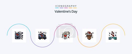Téléchargez les illustrations : Valentines Day Line rempli plat Pack de 5 icônes Y compris l'amour. couple. main. oiseaux. plante - en licence libre de droit