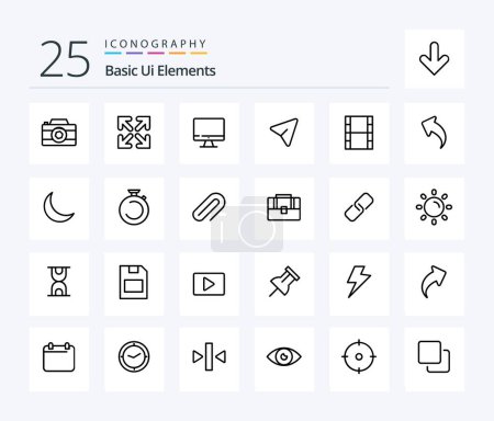 Illustration for Basic Ui Elements 25 Line icon pack including filam. video. monitor. computer. pin - Royalty Free Image