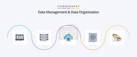 Téléchargez les illustrations : Data Management And Data Organization Line Filled Flat 5 Icon Pack Including network. data. database. download. document - en licence libre de droit