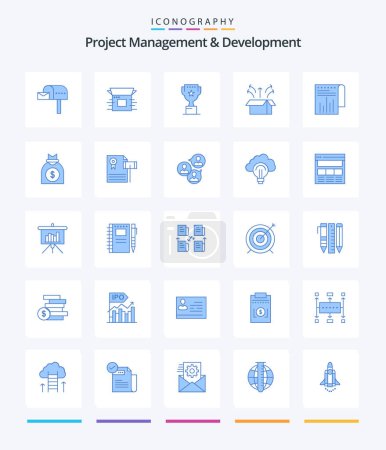 Ilustración de Gestión y desarrollo de proyectos creativos Paquete de 25 iconos azules, como el producto. Lanzamiento. Liberación. caja. recompensa - Imagen libre de derechos