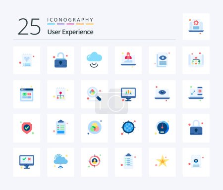 Ilustración de Experiencia del usuario 25 Paquete de iconos de color plano con vista. Ojo. nube. vista de documento. cohete - Imagen libre de derechos
