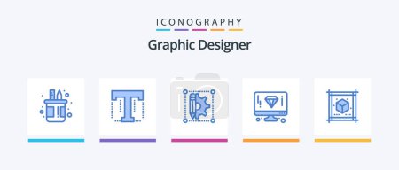 Téléchargez les illustrations : Graphic Designer Blue Pack 5 Icônes comprenant cube. ordinateur. designer. diamant. Un stylo. Icônes créatives Design - en licence libre de droit