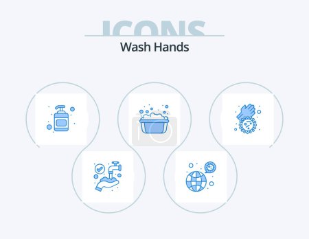Téléchargez les illustrations : Wash Hands Blue Icon Pack 5 Icon Design. dirty hands. soapy water. virus. soap basin. basin - en licence libre de droit