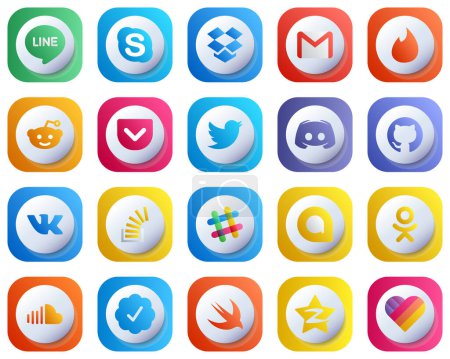 Ilustración de 20 Cute 3D Gradient Icons for Top Social Media Platforms such as vk. reddit. text and discord icons. Editable and Simple - Imagen libre de derechos