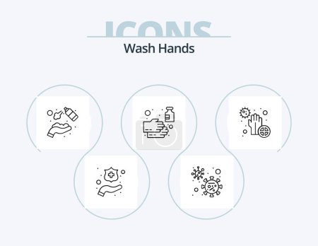 Téléchargez les illustrations : Wash Hands Line Icon Pack 5 Icon Design. hands. soap. bacteria. hand. cleaned - en licence libre de droit