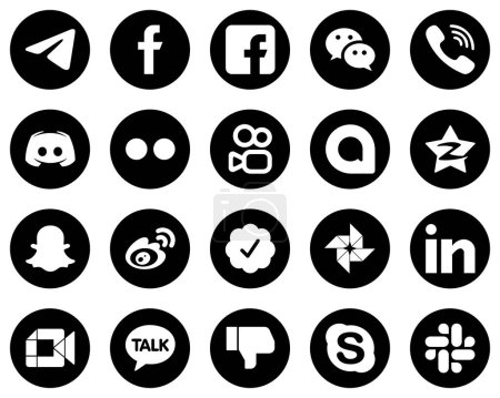 Illustration for 20 Professional White Social Media Icons on Black Background such as kuaishou. flickr. viber and message icons. High-quality and minimalist - Royalty Free Image