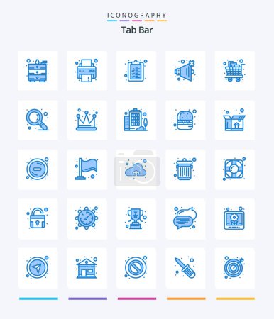 Téléchargez les illustrations : Creative Tab Bar 25 Emballage d'icônes bleu tel que trouver. faire du shopping. liste. épicerie. chariot - en licence libre de droit