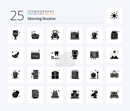 Téléchargez les illustrations : Pack d'icônes Morning Routine 25 Solid Glyph comprenant une tasse. ordinateur portable. l'exercice. email. gymnase - en licence libre de droit