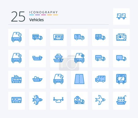 Ilustración de Vehículos 25 Blue Color paquete de iconos incluyendo vacaciones. combo. Autobús. camión. camión - Imagen libre de derechos