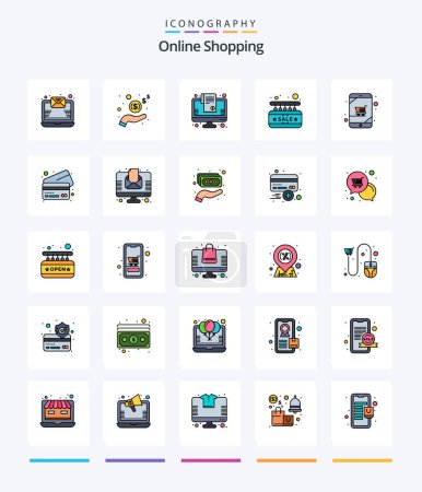 Téléchargez les illustrations : Creative Online Shopping 25 Line FIlled icon pack  Such As device. door. cart. sign. board - en licence libre de droit