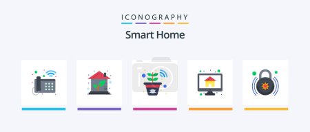 Téléchargez les illustrations : Smart Home Flat Pack de 5 icônes comprenant le contrôle. moniteur. La maison. La maison. ordinateur. Icônes créatives Design - en licence libre de droit