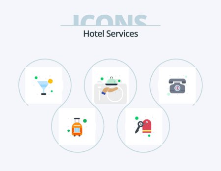 Illustration for Hotel Services Flat Icon Pack 5 Icon Design. . phone. glass. landline. restaurant - Royalty Free Image