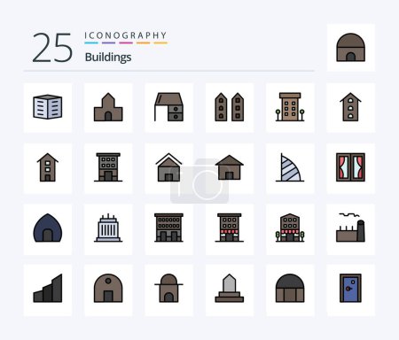 Ilustración de Buildings 25 Line Filled icon pack including shops. house. christian building. buildings. office desk - Imagen libre de derechos