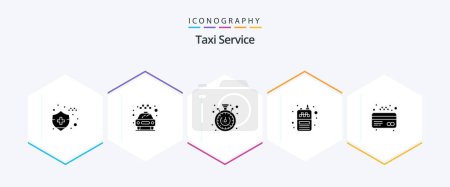 Téléchargez les illustrations : Taxi Service 25 Glyphe icône pack y compris. carte. le temps. atm. récepteur - en licence libre de droit