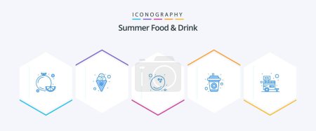 Téléchargez les illustrations : Summer Food and Drink 25 Blue icon pack including ice. shop. coconut. summer. drink - en licence libre de droit