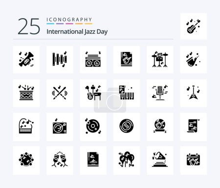 Téléchargez les illustrations : Journée internationale du jazz 25 Solid Glyph icône pack y compris jouer. instrument . la musique. dossier. radio - en licence libre de droit