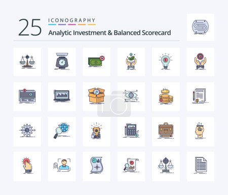 Ilustración de Analytic Investment And Balanced Scorecard 25 Line Filled icon pack including growth. business. scales. money. dollars - Imagen libre de derechos