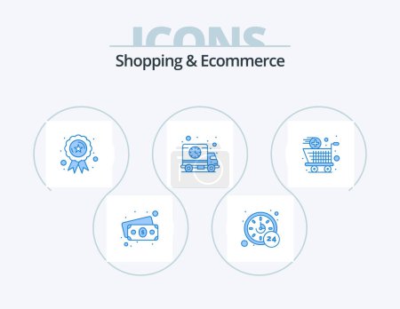 Téléchargez les illustrations : Shopping And Ecommerce Blue Icon Pack 5 Icon Design. cart. shopping. medal. truck. schedule - en licence libre de droit
