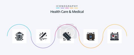 Téléchargez les illustrations : Health Care And Medical Line Filled Flat 5 Icon Pack Including medical. box. medical. kit. emergency - en licence libre de droit