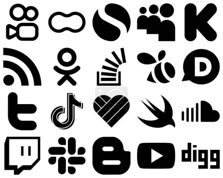 Ilustración de 20 Modern Black Solid Social Media Icon Set such as twitter. swarm. rss. overflow and question icons. Customizable and unique - Imagen libre de derechos